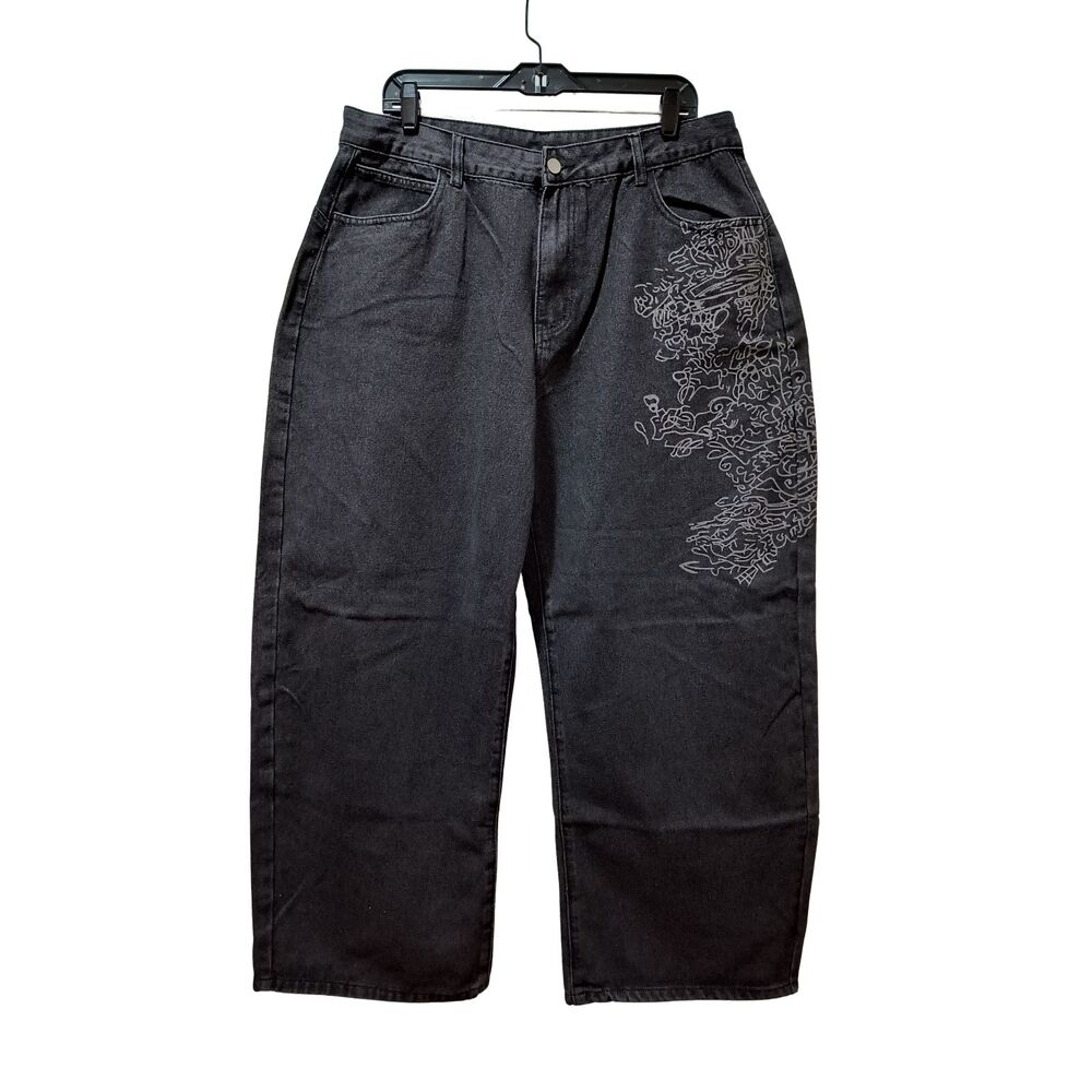 EMMIOL Wide Leg Baggy Jeans Women’s 34x28 Black Denim Hip Hop Y2K Style NWT